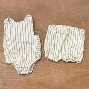 Pehr 0-3M Criss-Cross Organic Cotton Bodysuit + Bubble Shorts Set, Teal Stripes